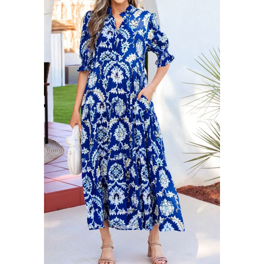 Wild Floral Print Frilled Collar Half Sleeve Dress Apparel and Accessories
