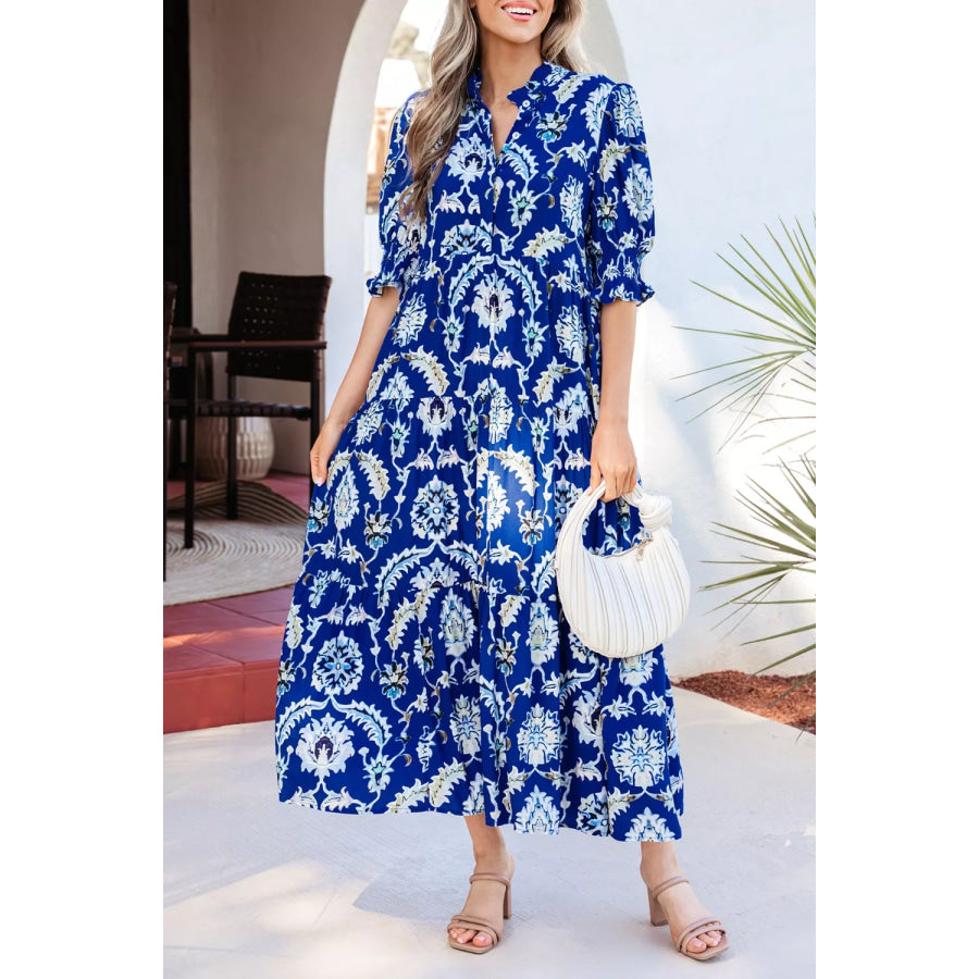 Wild Floral Print Frilled Collar Half Sleeve Dress Dusty Blue / S Apparel and Accessories