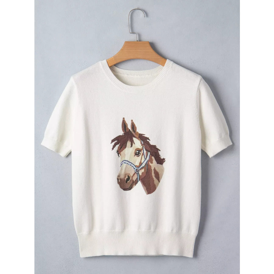 Wild West Horse Head Printed Short Sleeve Sweater Apparel and Accessories