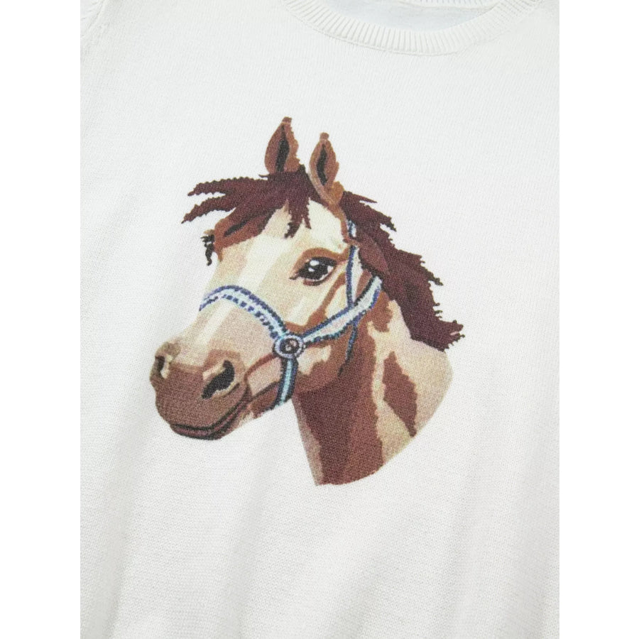 Wild West Horse Head Printed Short Sleeve Sweater Apparel and Accessories