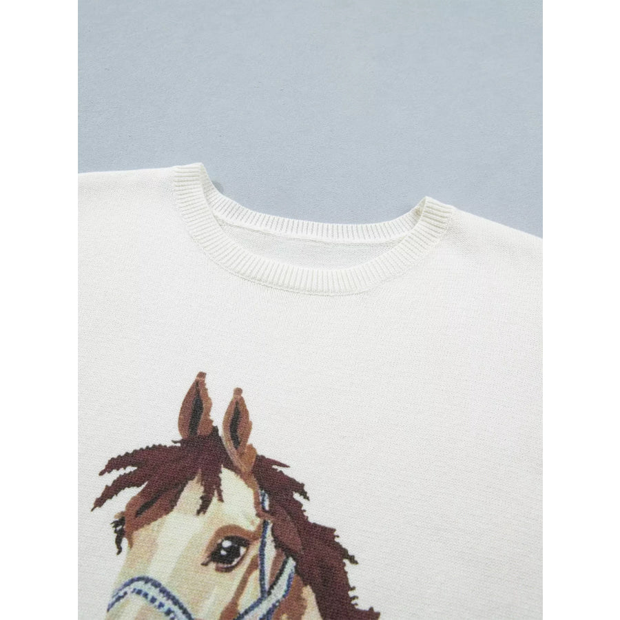 Wild West Horse Head Printed Short Sleeve Sweater Apparel and Accessories