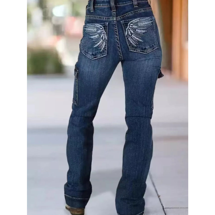 Wings Embroidered High-Rise Cargo Jeans Dark Blue / S Apparel and Accessories