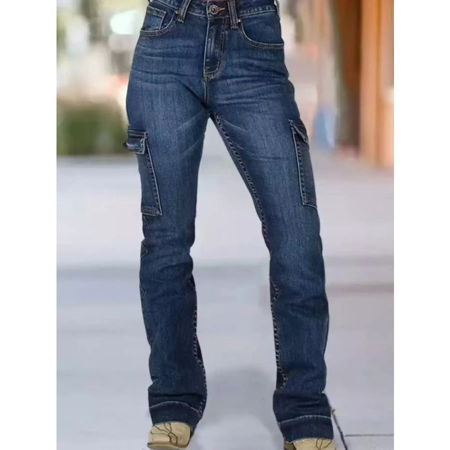 Wings Embroidered High-Rise Cargo Jeans Dark Blue / S Apparel and Accessories