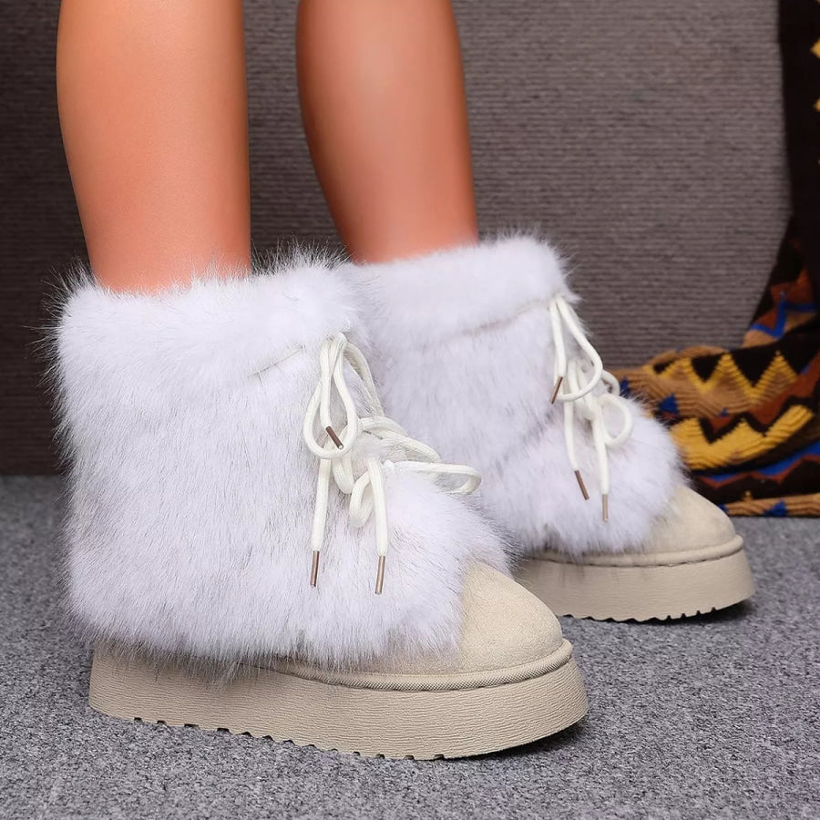 Winter Faux Fur Trimmed Lace-Up Boots Beige / 36 Apparel and Accessories