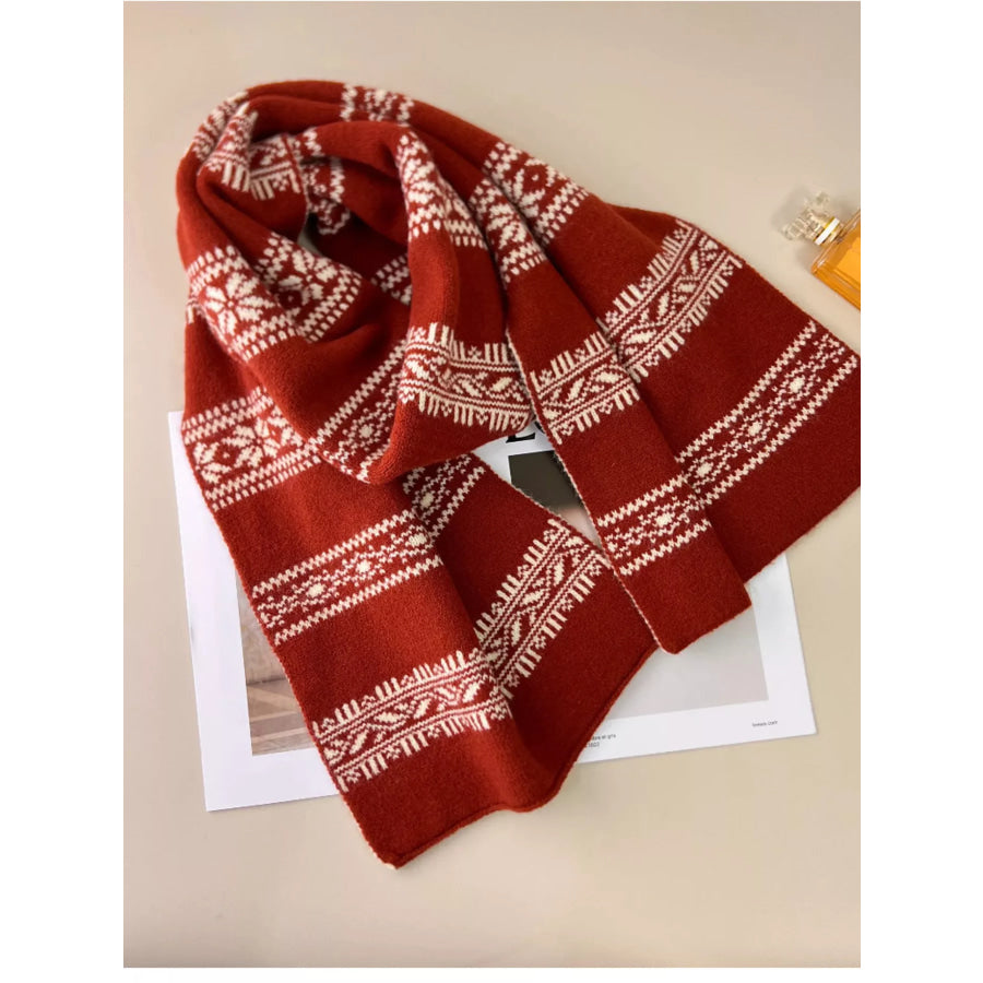 Winter Snowflake Pattern Knitted Scarf Orange Red / One Size Apparel and Accessories