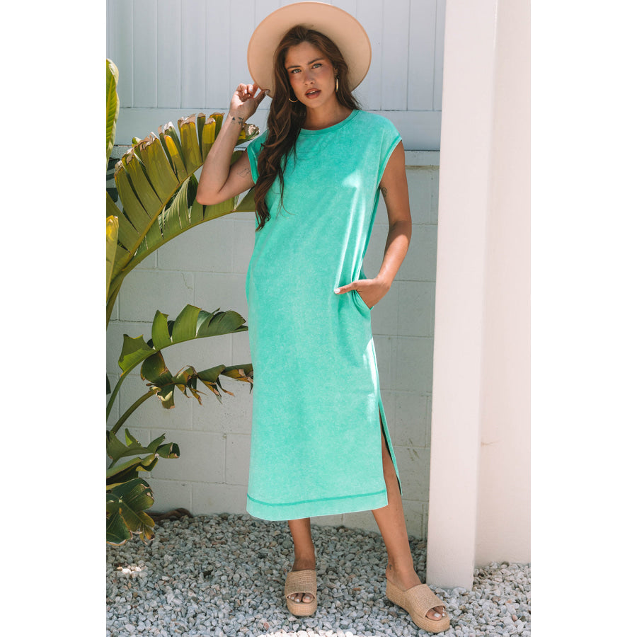 Wisteria Mineral Wash Pocketed T-shirt Long Dress Clearly Aqua / S / 100% Cotton Dresses/T Shirt Dresses