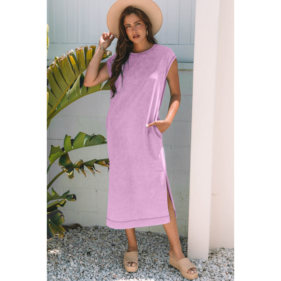 Wisteria Mineral Wash Pocketed T-shirt Long Dress Wisteria / S / 100% Cotton Dresses/T Shirt Dresses