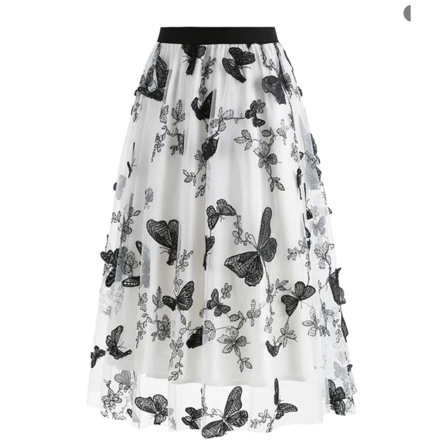 Women’s Vintage Look Butterfly Embroidery Midi Mesh Skirt White / S Skirts