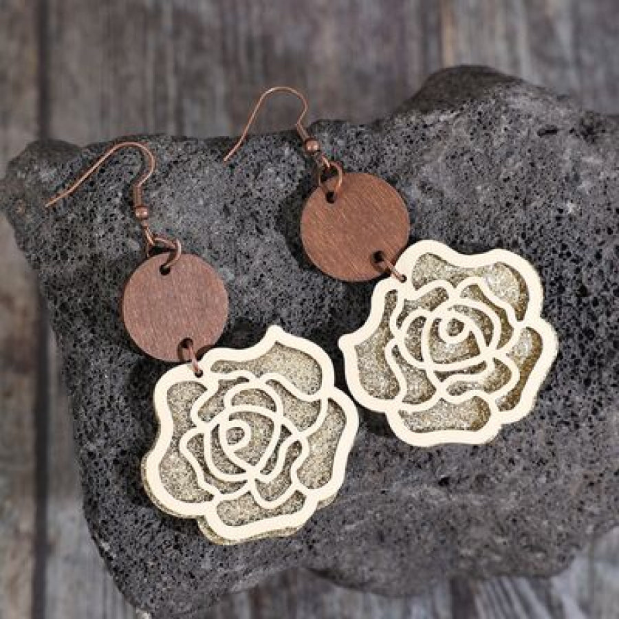 Wooden Alloy Rose Shape Dangle Earrings Apparel and Accessories