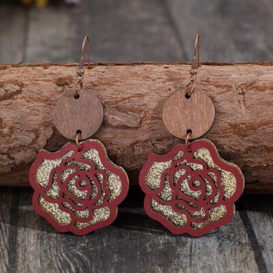 Wooden Alloy Rose Shape Dangle Earrings Apparel and Accessories