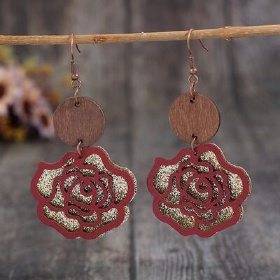 Wooden Alloy Rose Shape Dangle Earrings Style A / One Size Apparel and Accessories