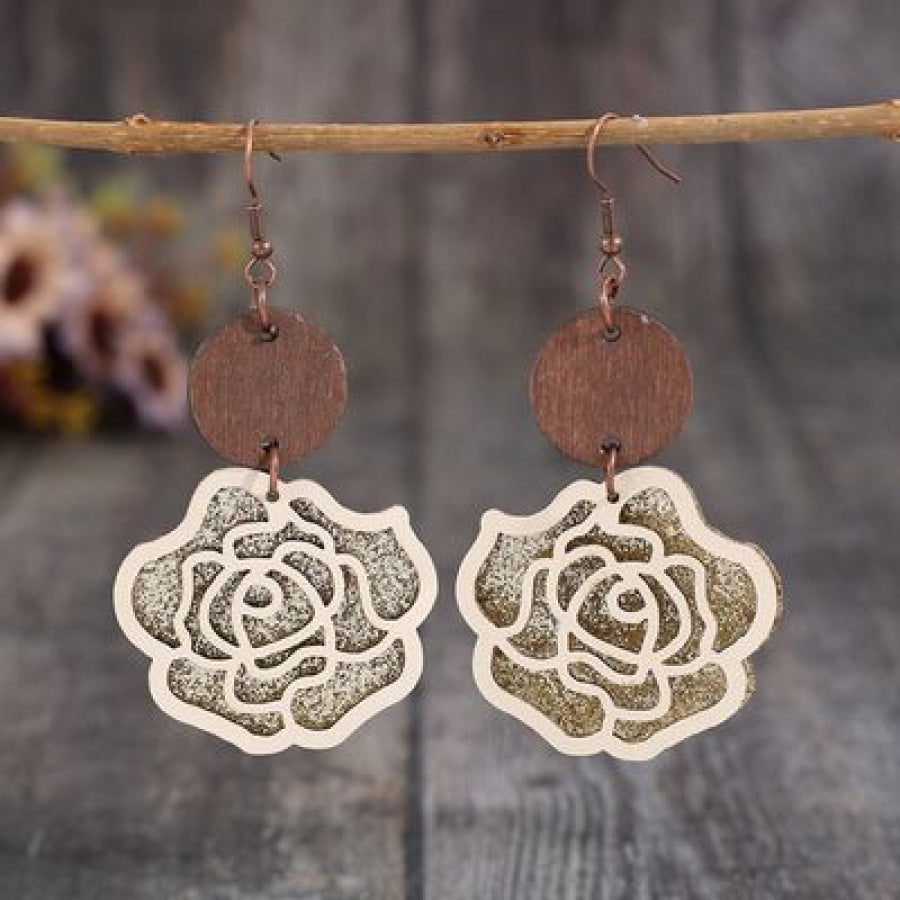 Wooden Alloy Rose Shape Dangle Earrings Style B / One Size Apparel and Accessories