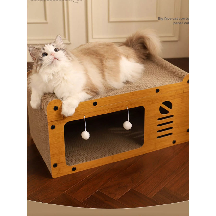 Wooden Cat House with Scratching Pad Tv Box Style / One Size Apparel and Accessories