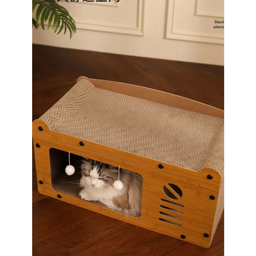 Wooden Cat House with Scratching Pad Tv Box Style / One Size Apparel and Accessories