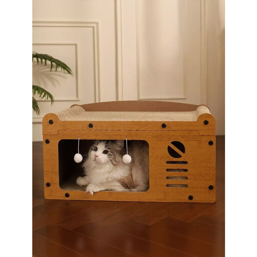 Wooden Cat House with Scratching Pad Tv Box Style / One Size Apparel and Accessories
