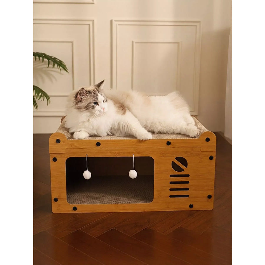 Wooden Cat House with Scratching Pad Tv Box Style / One Size Apparel and Accessories