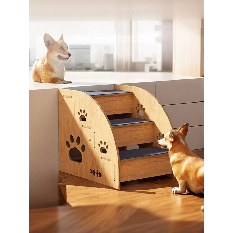 Wooden Pet Stairs with Paw Prints 3 Layers / One Size Apparel and Accessories