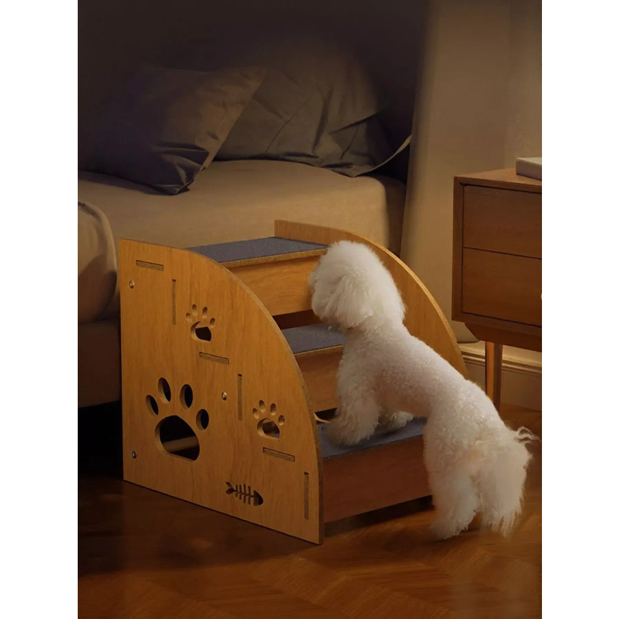 Wooden Pet Stairs with Paw Prints 3 Layers / One Size Apparel and Accessories