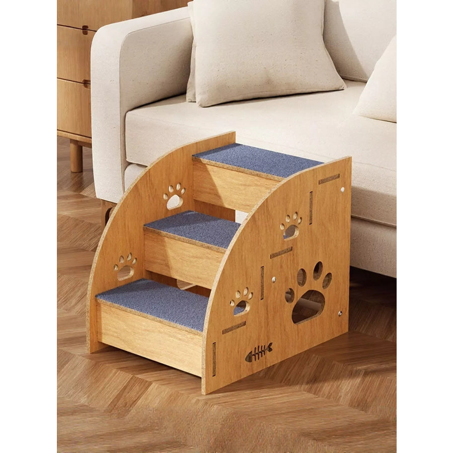 Wooden Pet Stairs with Paw Prints 3 Layers / One Size Apparel and Accessories