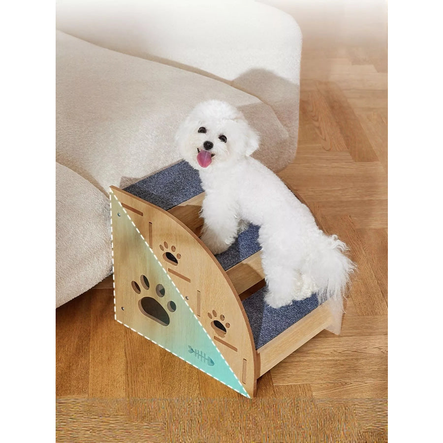 Wooden Pet Stairs with Paw Prints 3 Layers / One Size Apparel and Accessories