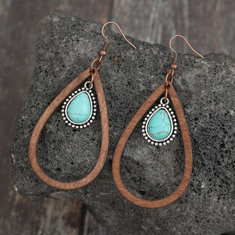 Wooden Turquoise Cutout Teardrop Earrings Brown / One Size Apparel and Accessories