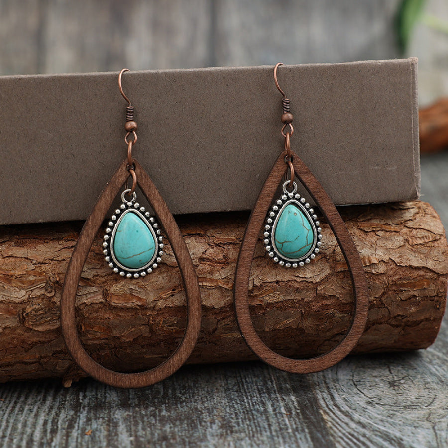 Wooden Turquoise Cutout Teardrop Earrings Brown / One Size Apparel and Accessories