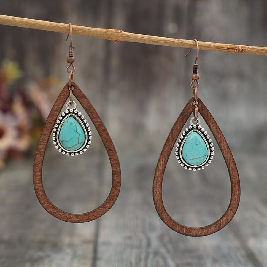 Wooden Turquoise Cutout Teardrop Earrings Brown / One Size Apparel and Accessories