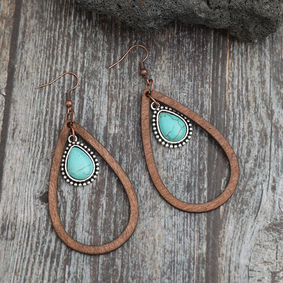 Wooden Turquoise Cutout Teardrop Earrings Brown / One Size Apparel and Accessories