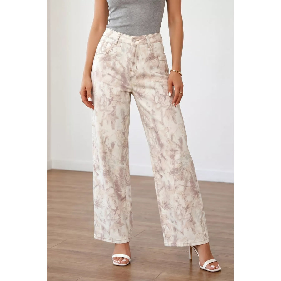 Woodland Camo Tummy Control Denim Wide Leg Jeans Beige / 4 Apparel and Accessories