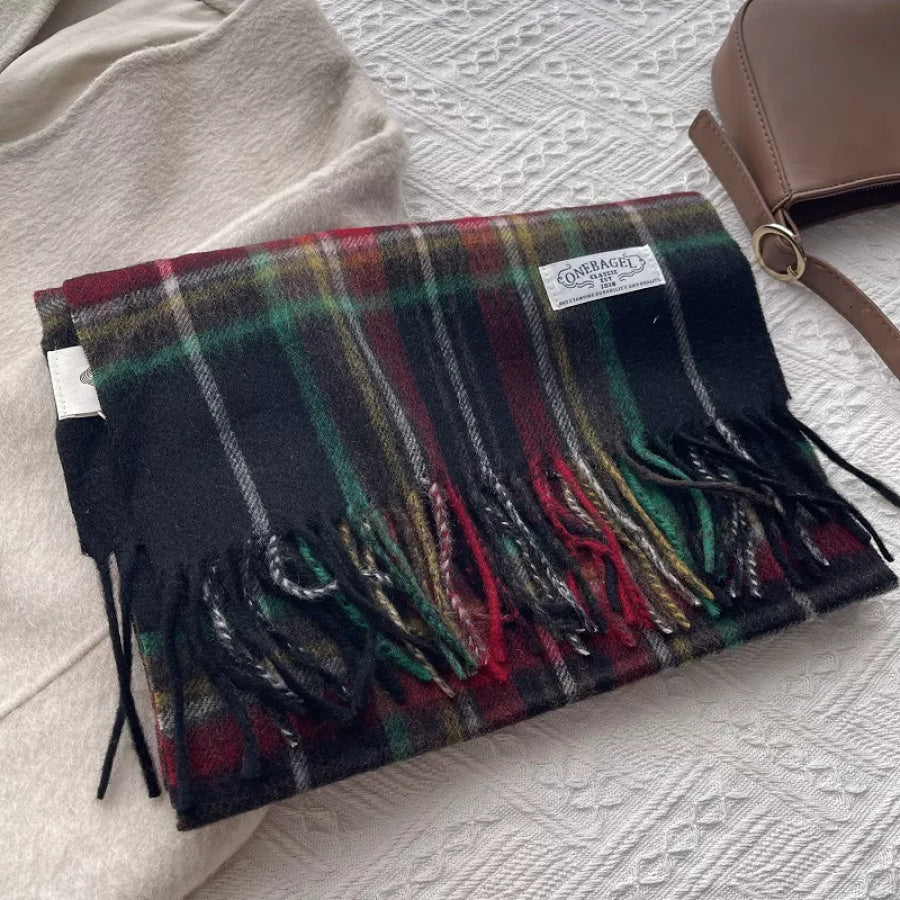 Wool Plaid Tassel Scarf Black / One Size Apparel and Accessories