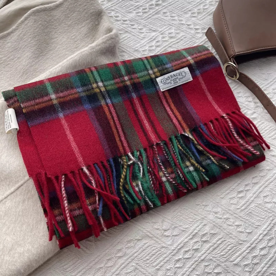 Wool Plaid Tassel Scarf Burgundy / One Size Apparel and Accessories