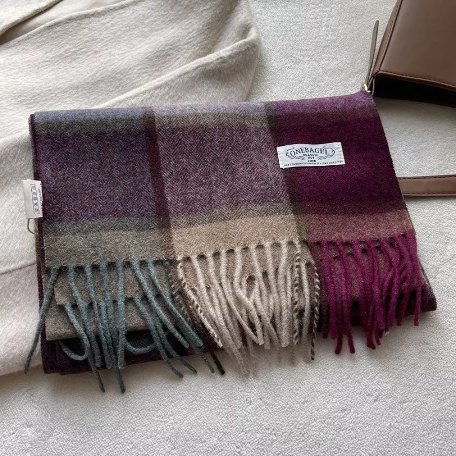 Wool Plaid Tassel Scarf Mauve / One Size Apparel and Accessories