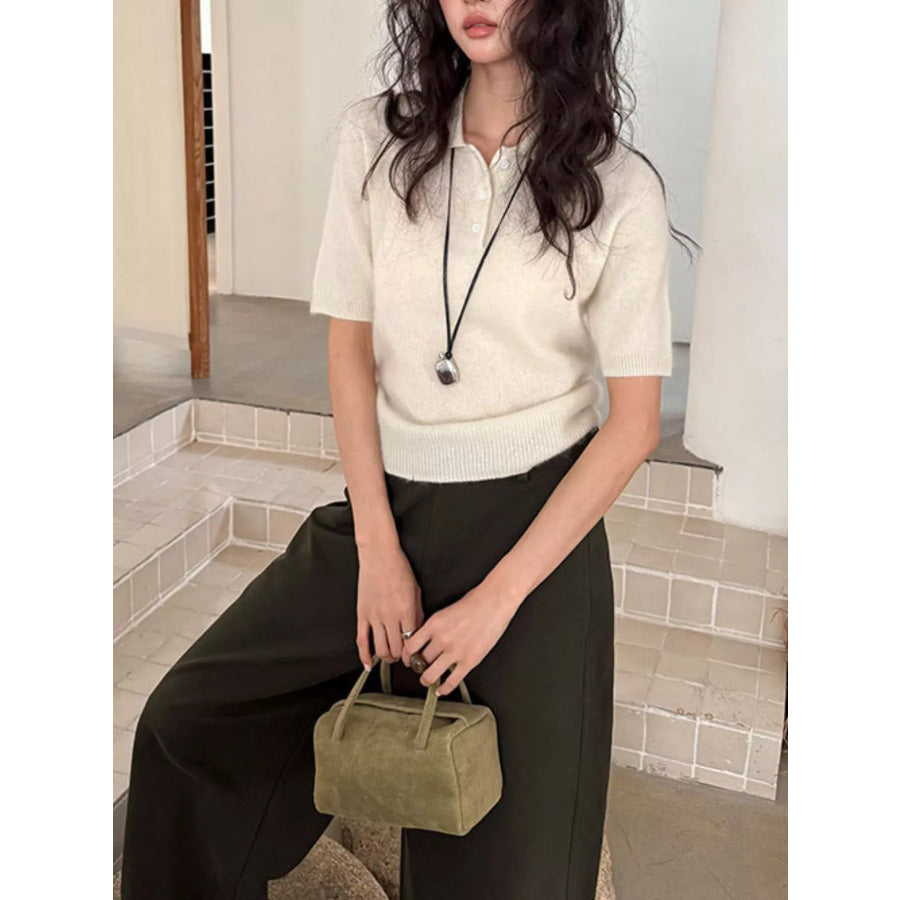 Wool Short-Sleeve knitted Polo Shirt Beige / One Size Apparel and Accessories