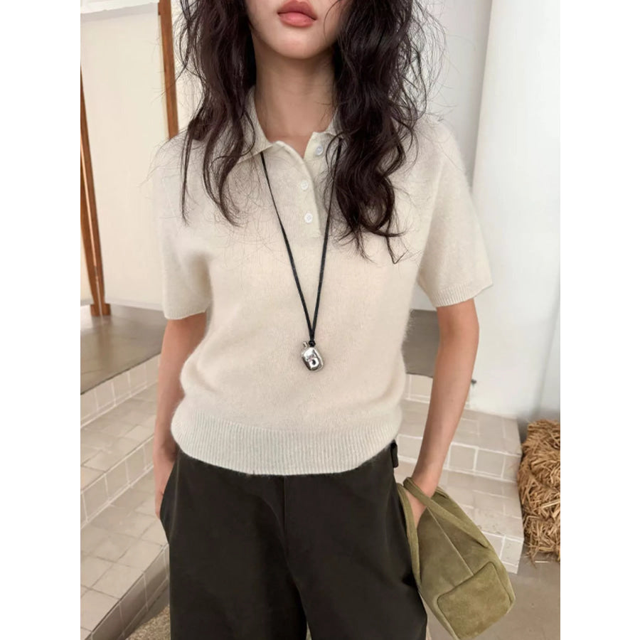 Wool Short-Sleeve knitted Polo Shirt Beige / One Size Apparel and Accessories