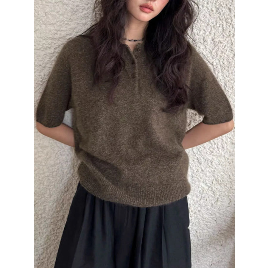 Wool Short-Sleeve knitted Polo Shirt Coffee Brown / One Size Apparel and Accessories