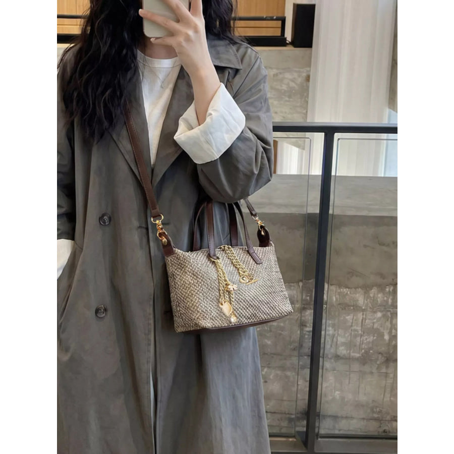 Woven Crossbody Bag with Gold Chain Accents Grey / onesize Apparel and Accessories