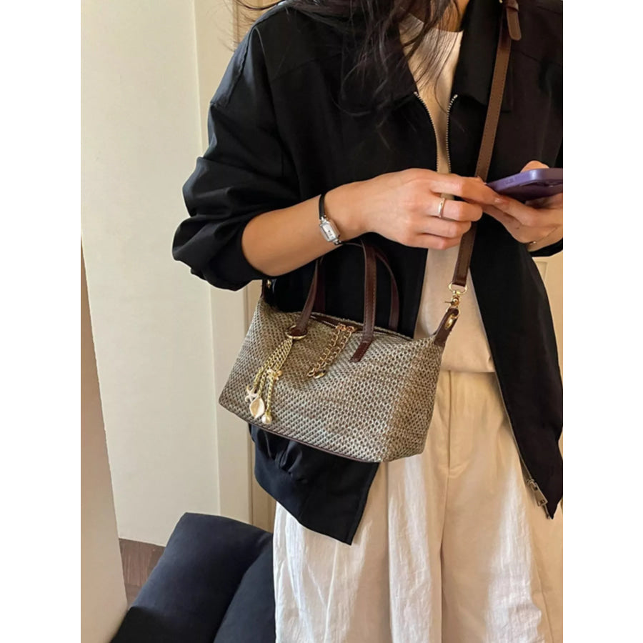 Woven Crossbody Bag with Gold Chain Accents Grey / onesize Apparel and Accessories