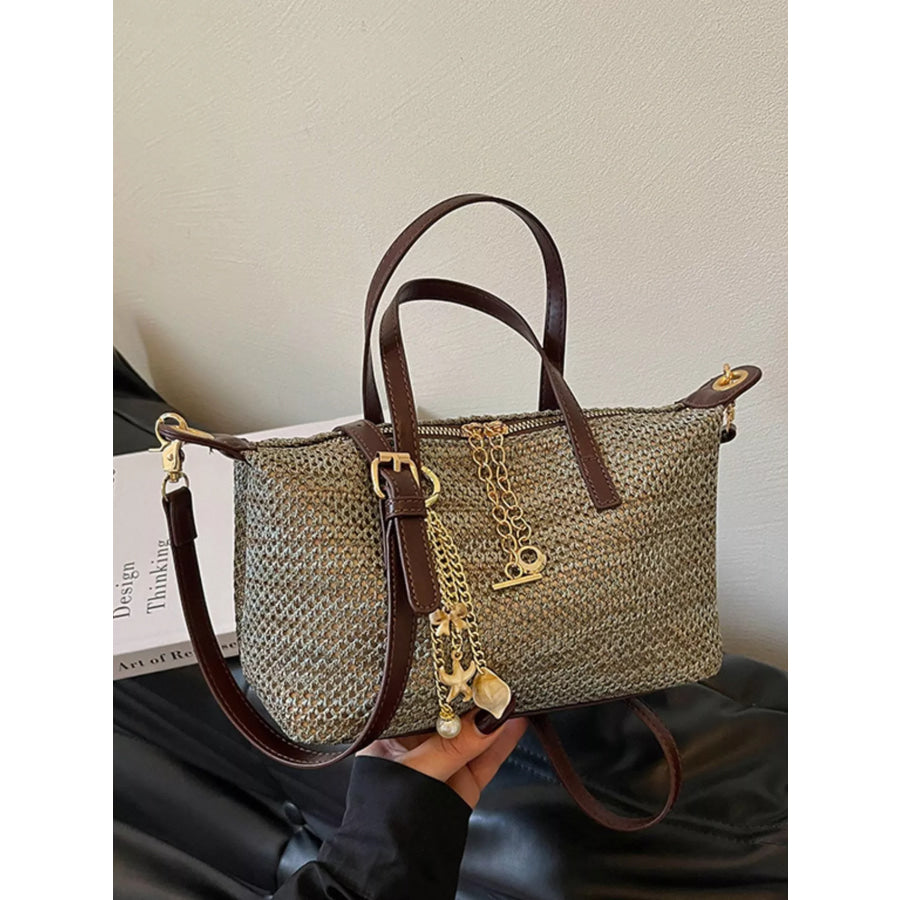 Woven Crossbody Bag with Gold Chain Accents Grey / onesize Apparel and Accessories