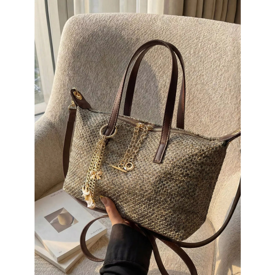 Woven Crossbody Bag with Gold Chain Accents Grey / onesize Apparel and Accessories