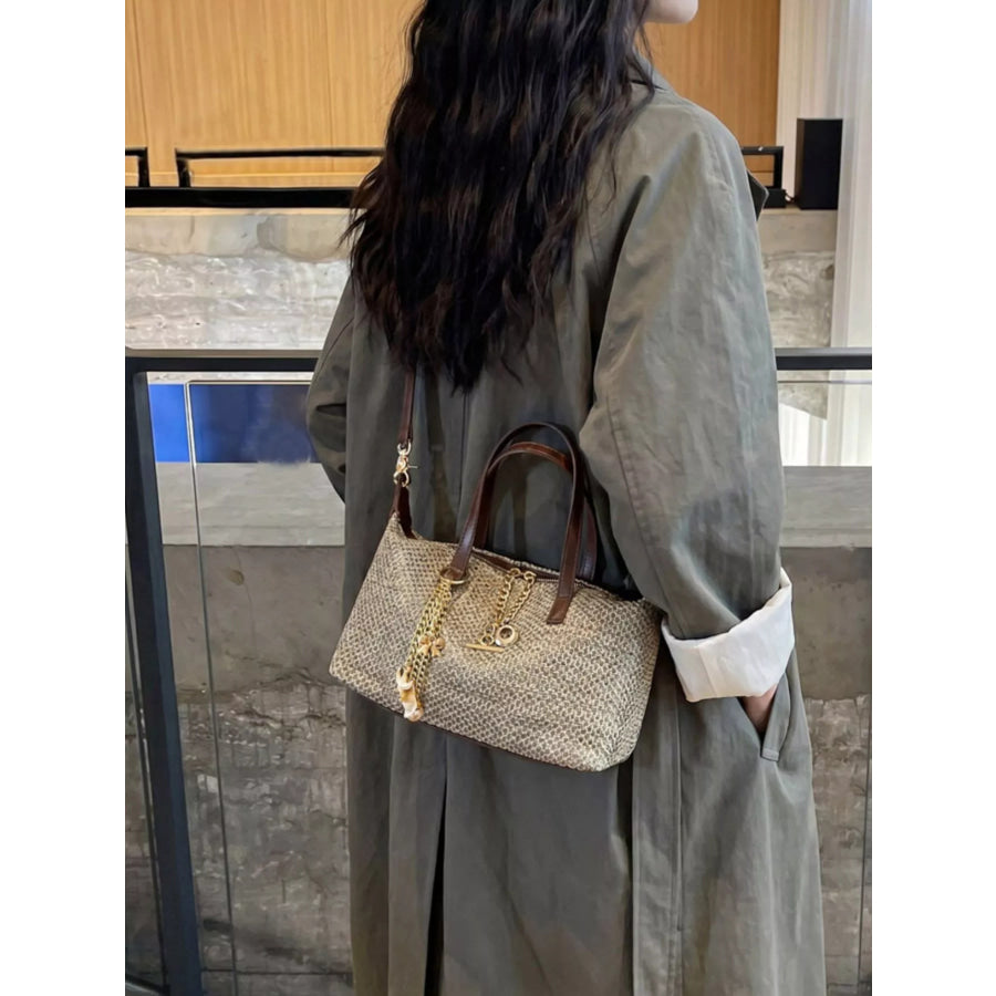 Woven Crossbody Bag with Gold Chain Accents Grey / onesize Apparel and Accessories