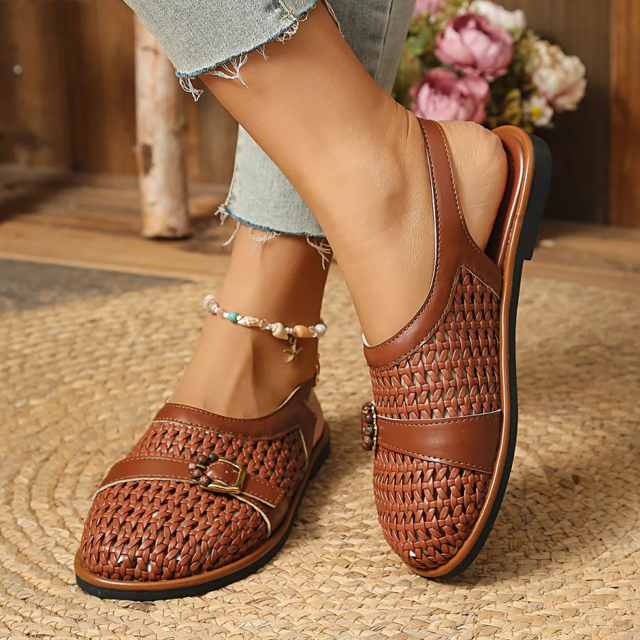 Woven Flat Sandals with Buckle Detail Brown / 36 Apparel and Accessories