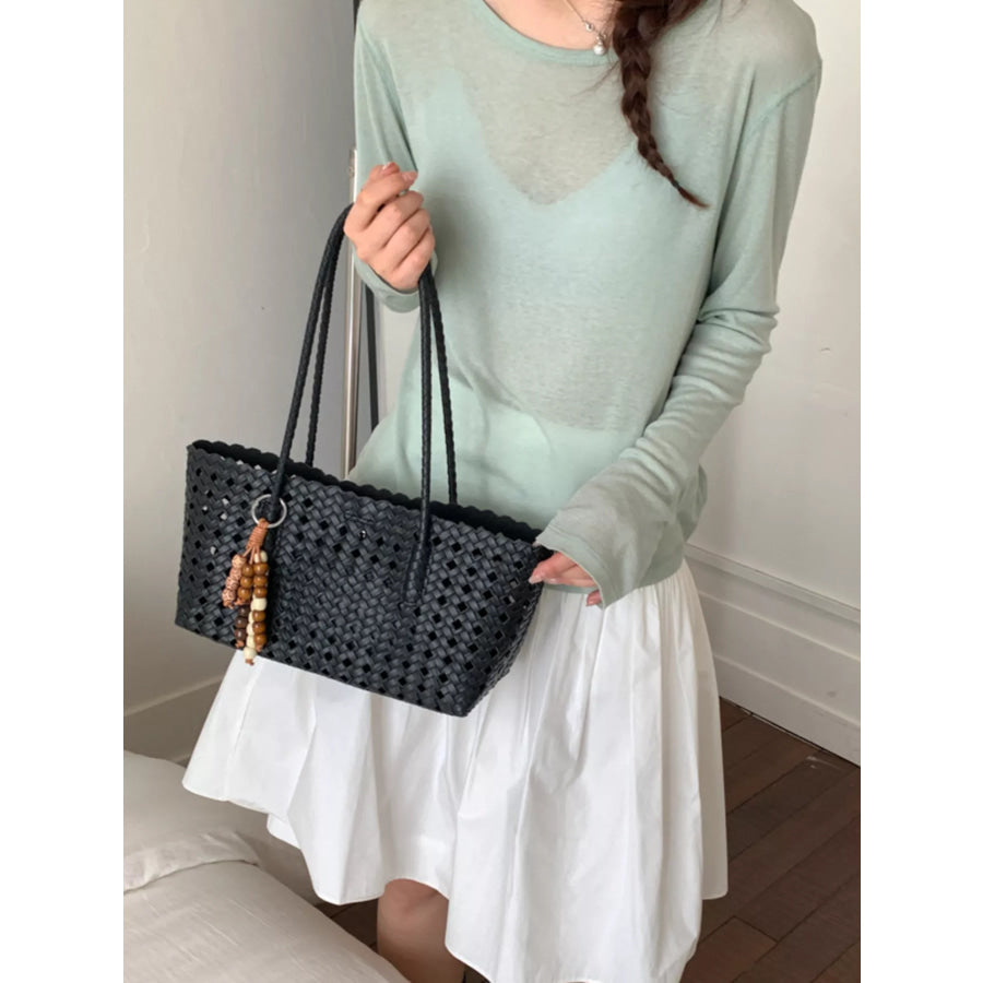 Woven Hollow-Out Shoulder Bag Black / One Size Apparel and Accessories