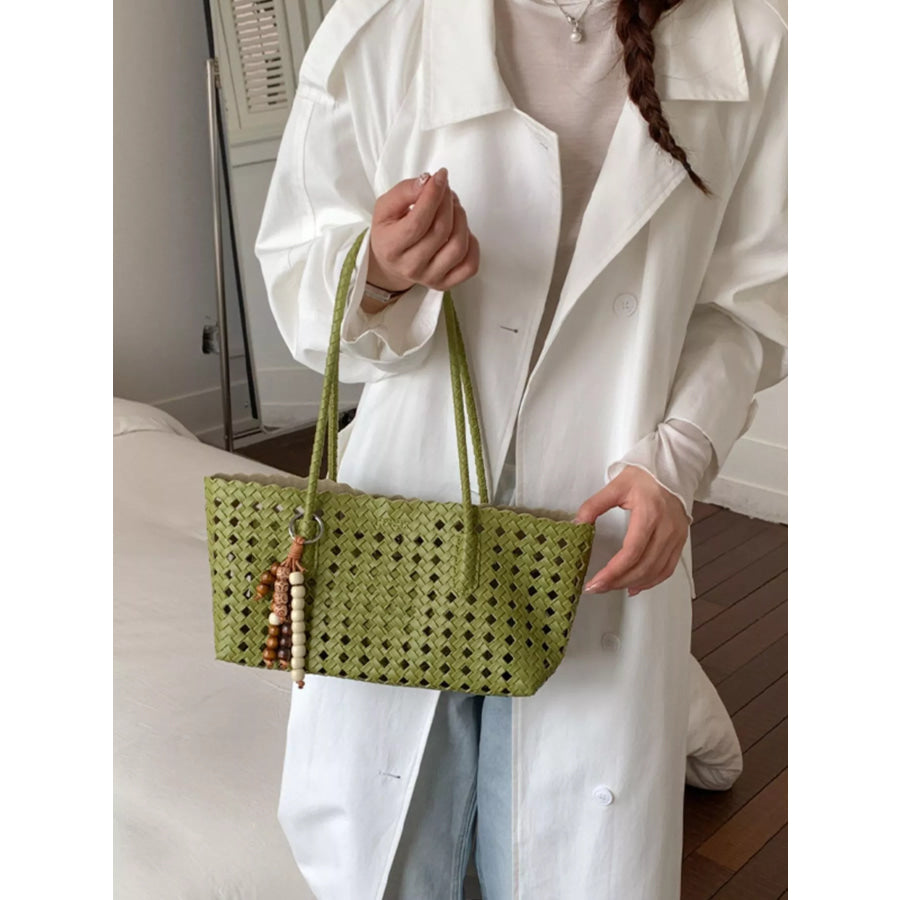 Woven Hollow-Out Shoulder Bag Green / One Size Apparel and Accessories