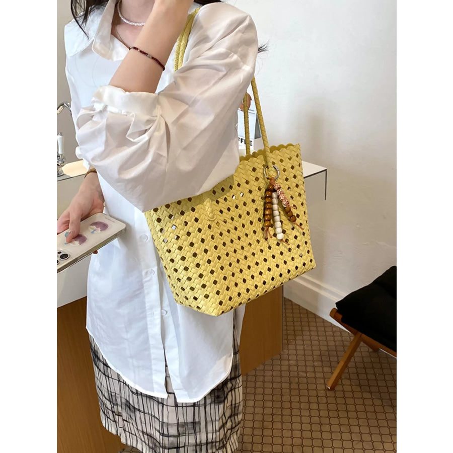 Woven Hollow-Out Shoulder Bag Yellow / One Size Apparel and Accessories