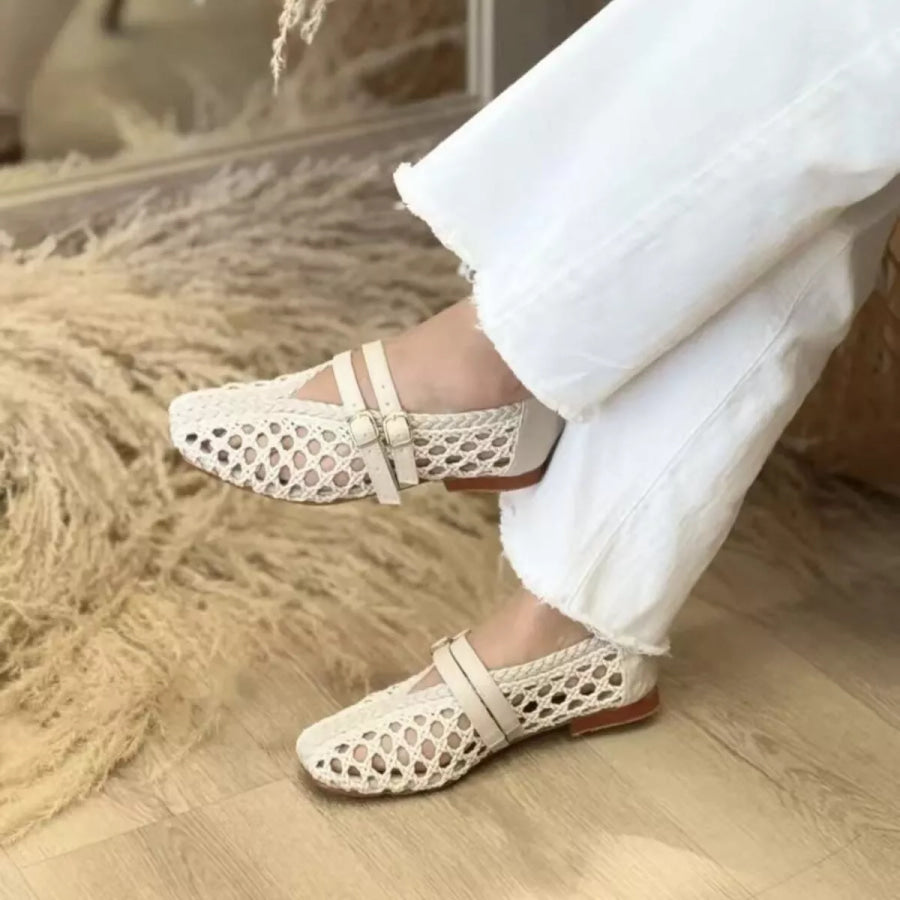 Woven Hollow-Out Slip-Ons Beige / 36 Apparel and Accessories