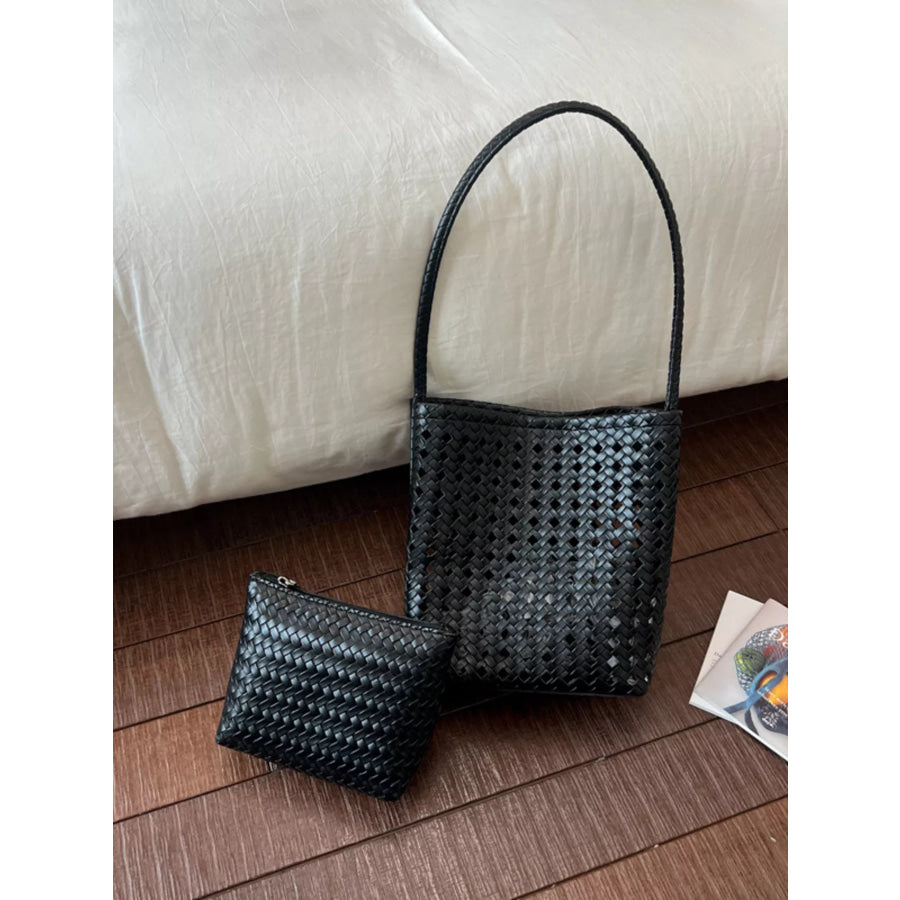 Woven Leather Handbag with Matching Pouch Black / onesize Apparel and Accessories