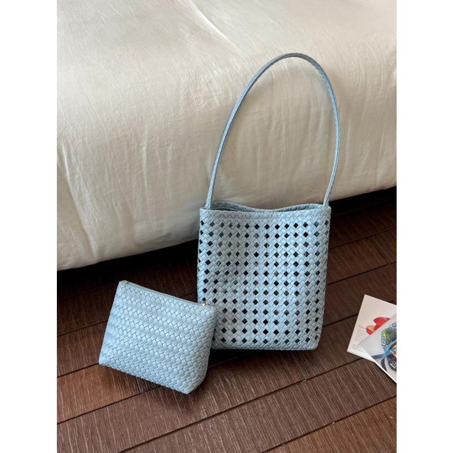 Woven Leather Handbag with Matching Pouch Black / onesize Apparel and Accessories