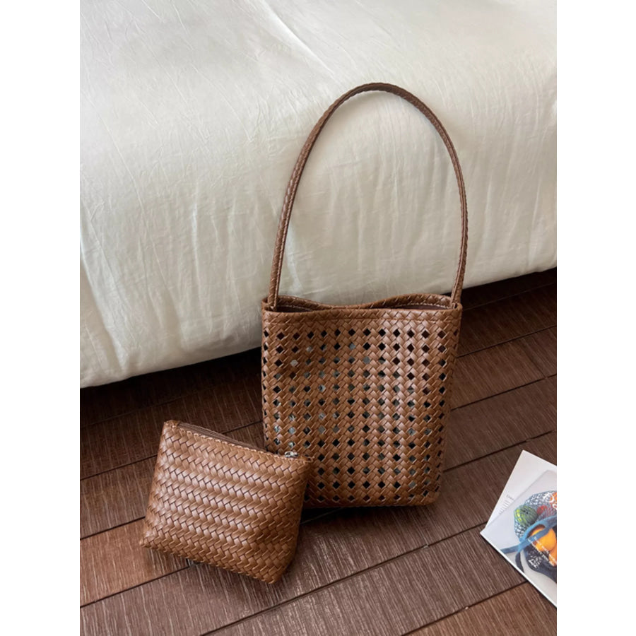 Woven Leather Handbag with Matching Pouch Brown / onesize Apparel and Accessories