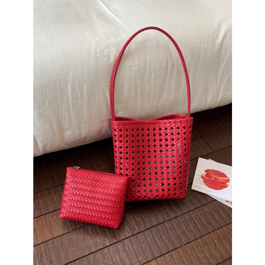 Woven Leather Handbag with Matching Pouch Red / onesize Apparel and Accessories