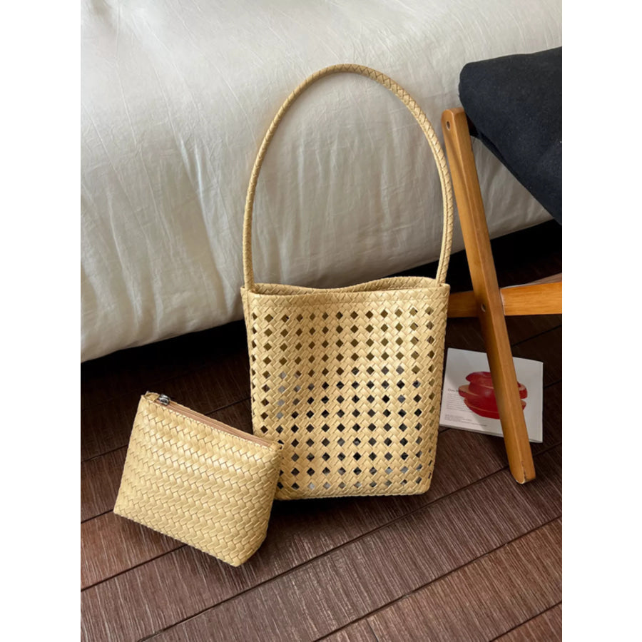 Woven Leather Handbag with Matching Pouch Yellow / onesize Apparel and Accessories